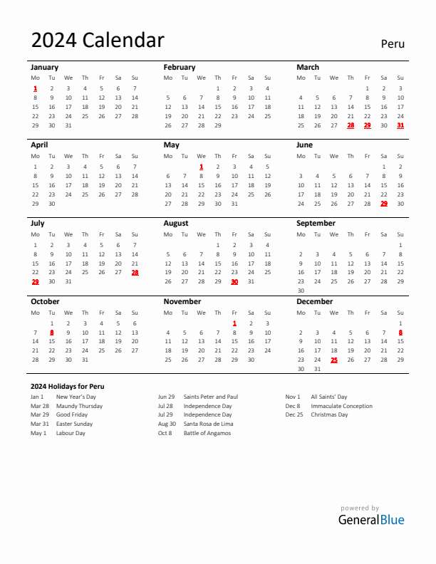 Standard Holiday Calendar for 2024 with Peru Holidays 