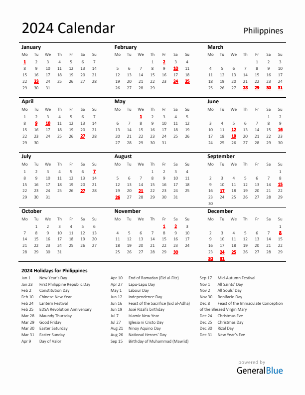 Standard Holiday Calendar for 2024 with Philippines Holidays 