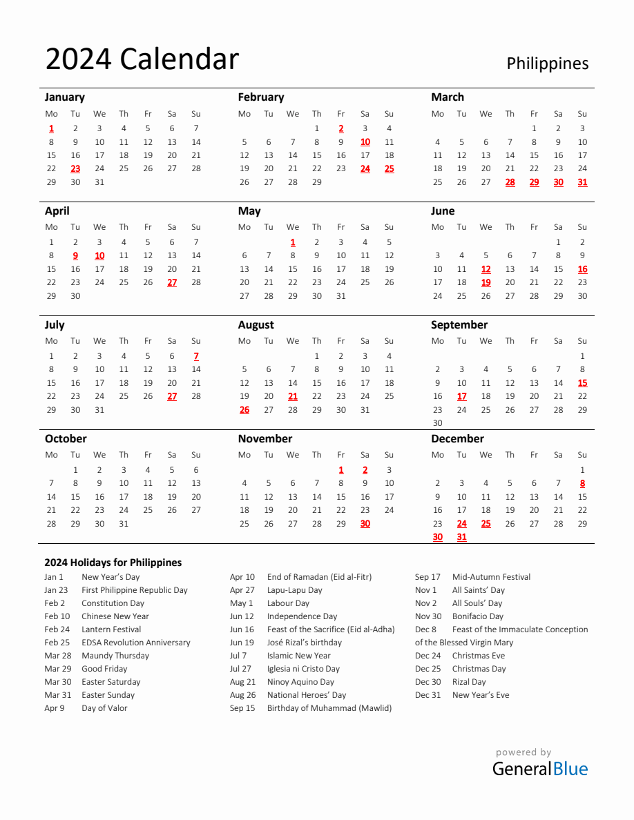 Standard Holiday Calendar for 2024 with Philippines Holidays
