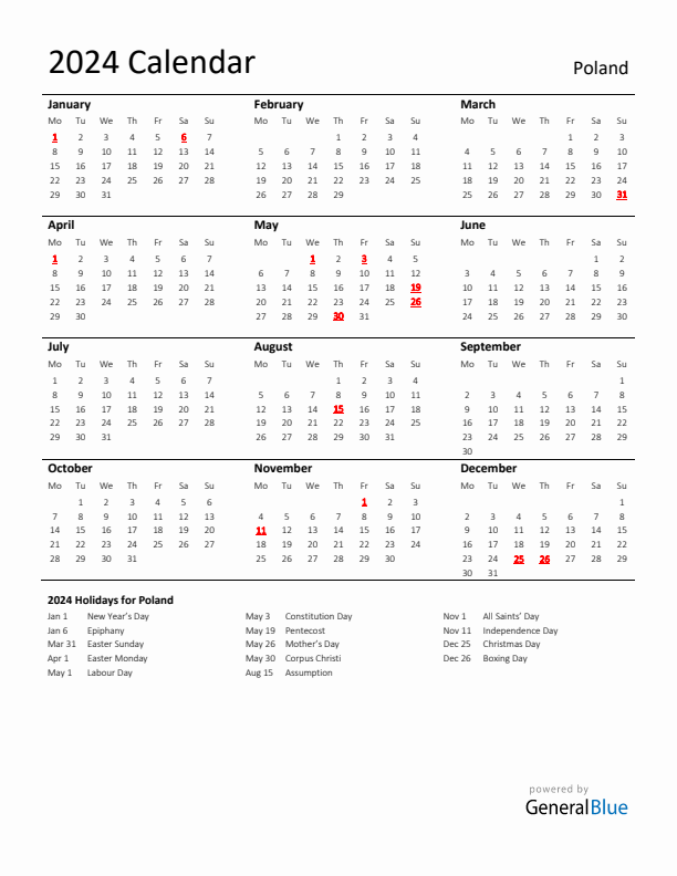 Standard Holiday Calendar for 2024 with Poland Holidays 