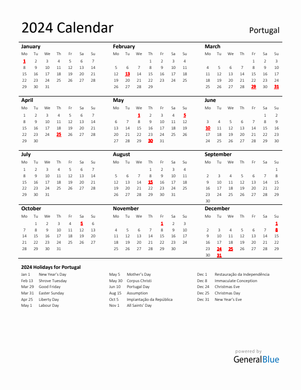 Standard Holiday Calendar for 2024 with Portugal Holidays 