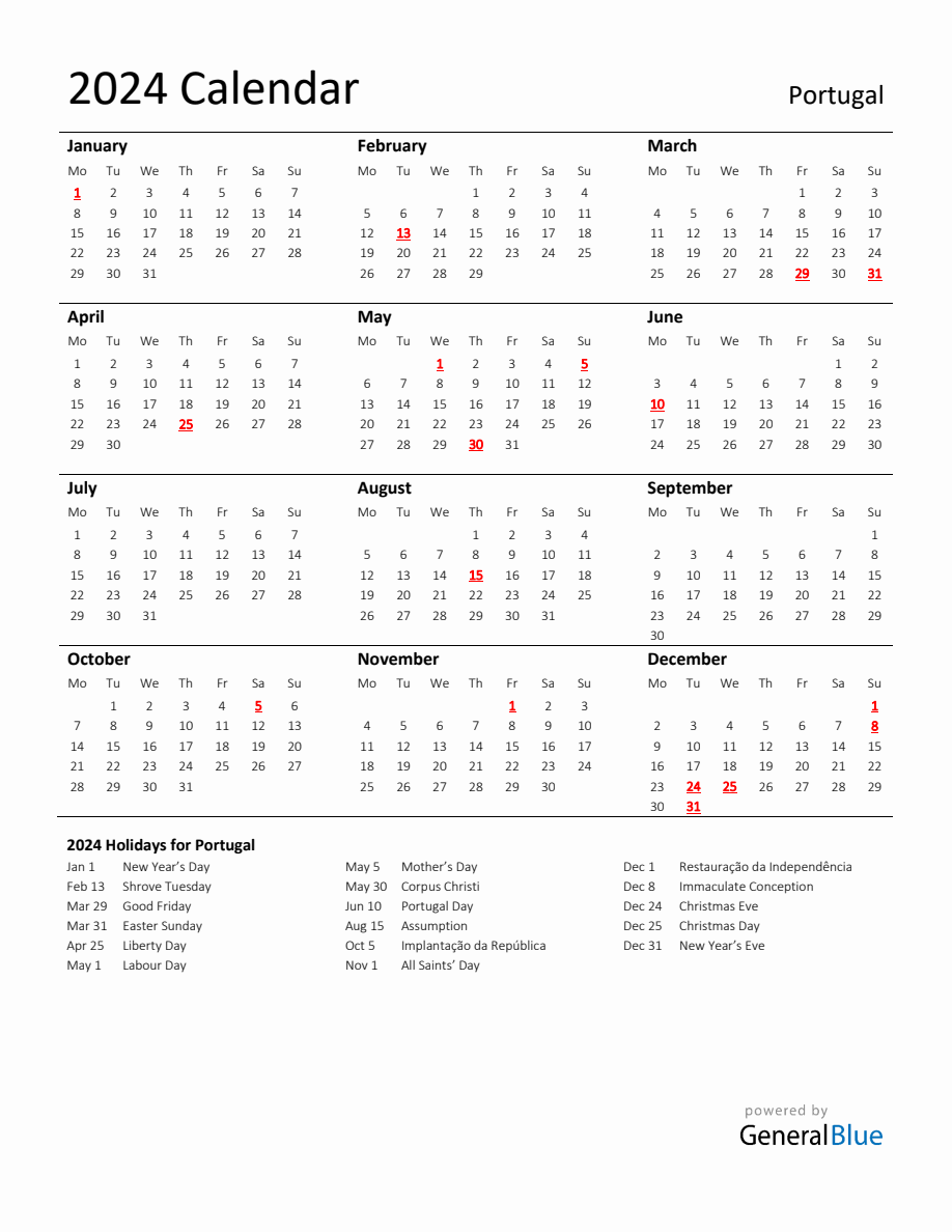 Standard Holiday Calendar for 2024 with Portugal Holidays