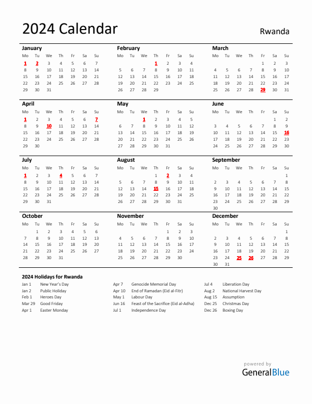 Standard Holiday Calendar for 2024 with Rwanda Holidays 