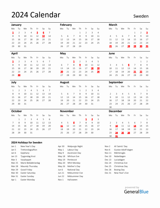 Standard Holiday Calendar for 2024 with Sweden Holidays 