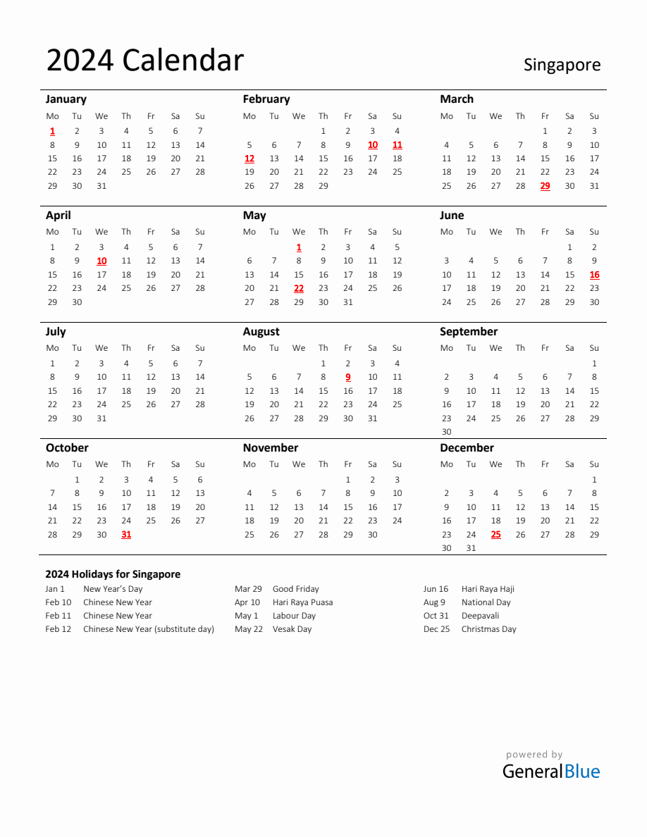 Standard Holiday Calendar for 2024 with Singapore Holidays