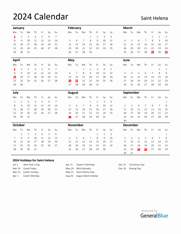 Standard Holiday Calendar for 2024 with Saint Helena Holidays 