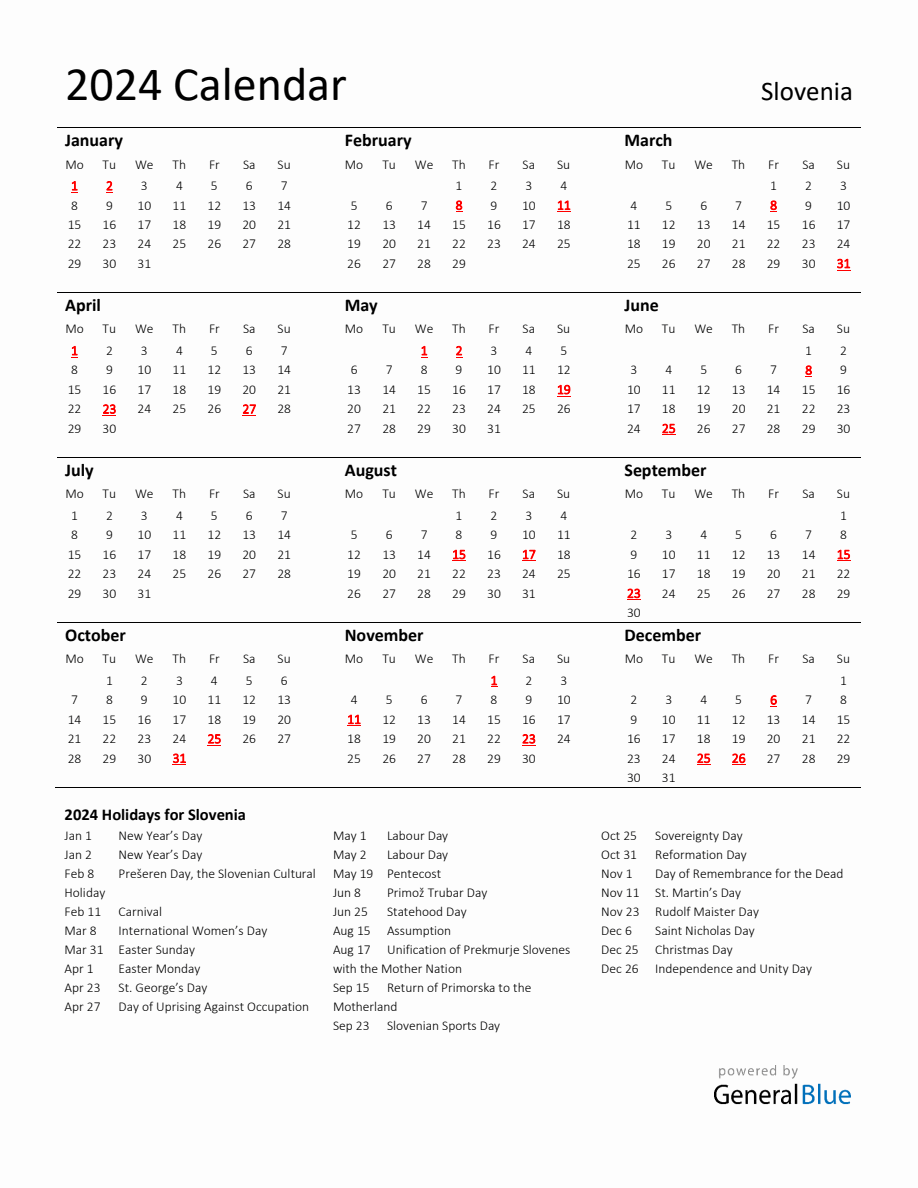 Standard Holiday Calendar for 2024 with Slovenia Holidays