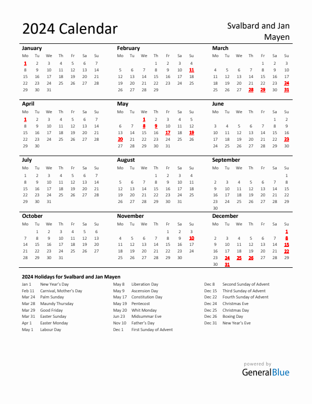 Standard Holiday Calendar for 2024 with Svalbard and Jan Mayen Holidays 