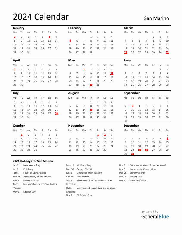 Standard Holiday Calendar for 2024 with San Marino Holidays 
