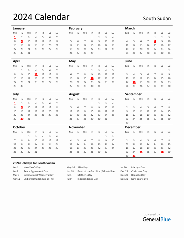 Standard Holiday Calendar for 2024 with South Sudan Holidays 