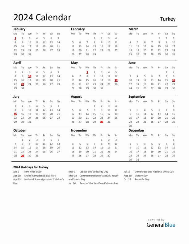 Standard Holiday Calendar for 2024 with Turkey Holidays 
