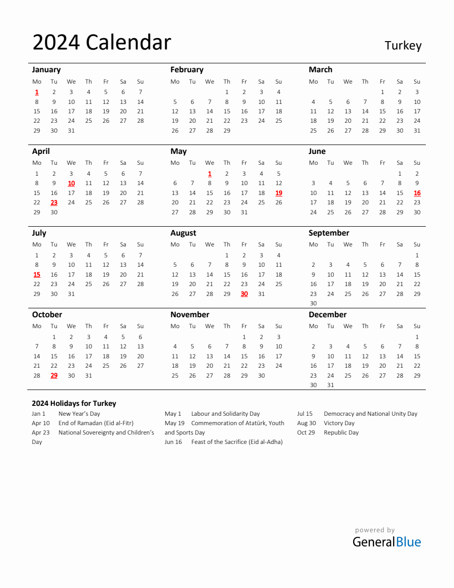 Standard Holiday Calendar for 2024 with Turkey Holidays