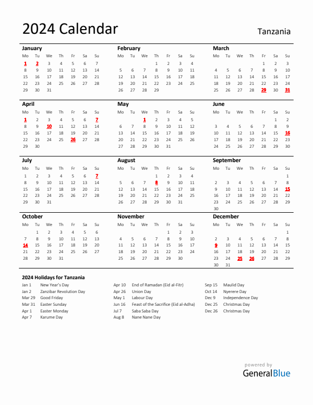 Standard Holiday Calendar for 2024 with Tanzania Holidays 