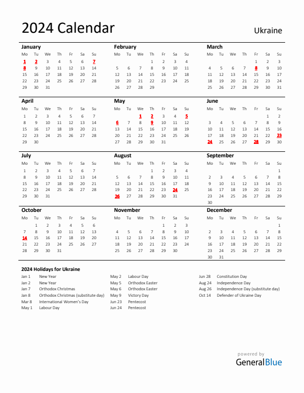 Standard Holiday Calendar for 2024 with Ukraine Holidays 