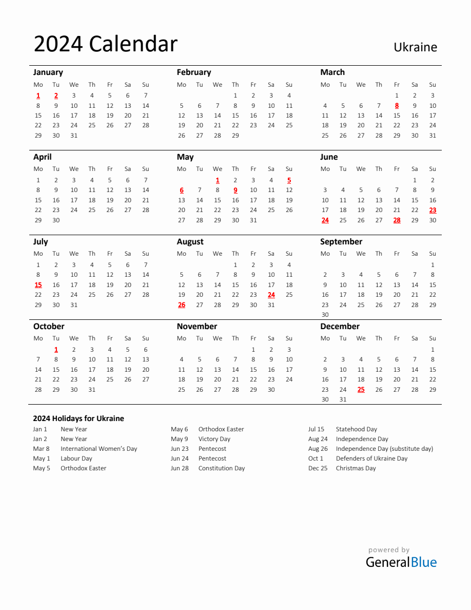 Standard Holiday Calendar for 2024 with Ukraine Holidays