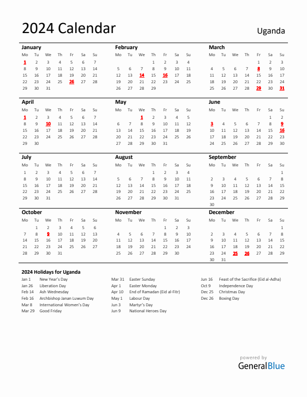 Standard Holiday Calendar for 2024 with Uganda Holidays 