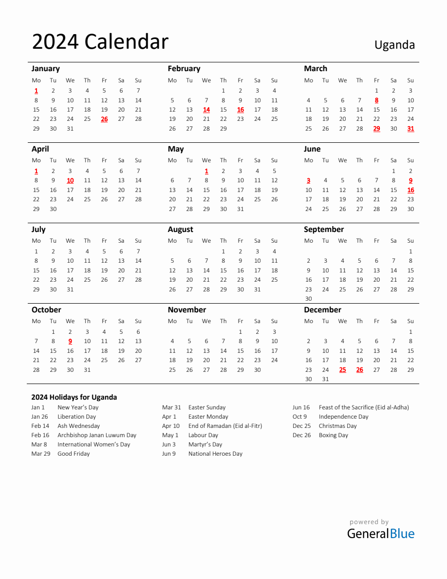 Standard Holiday Calendar for 2024 with Uganda Holidays