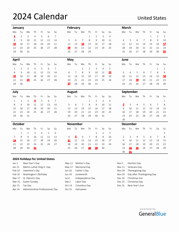 Standard Holiday Calendar for 2024 with United States Holidays