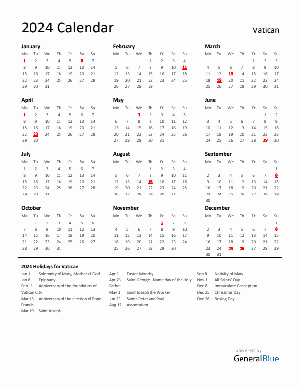 Standard Holiday Calendar for 2024 with Vatican Holidays 