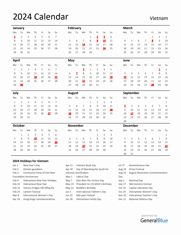 Standard Holiday Calendar for 2024 with Vietnam Holidays 