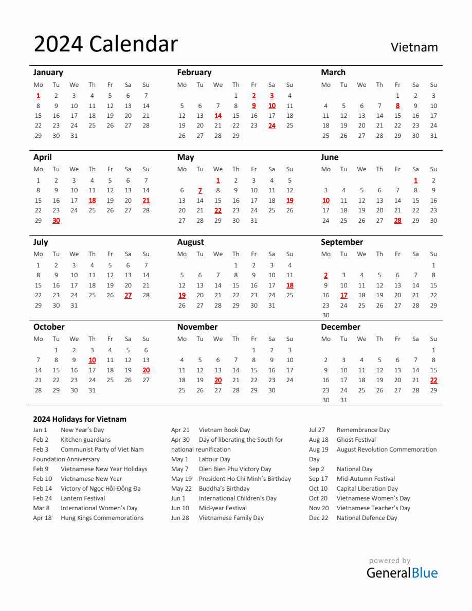 Standard Holiday Calendar for 2024 with Vietnam Holidays