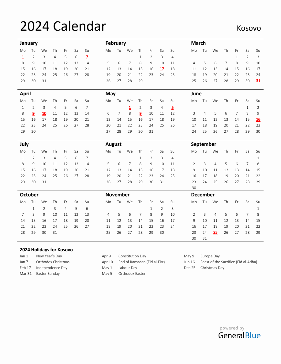 Standard Holiday Calendar for 2024 with Kosovo Holidays