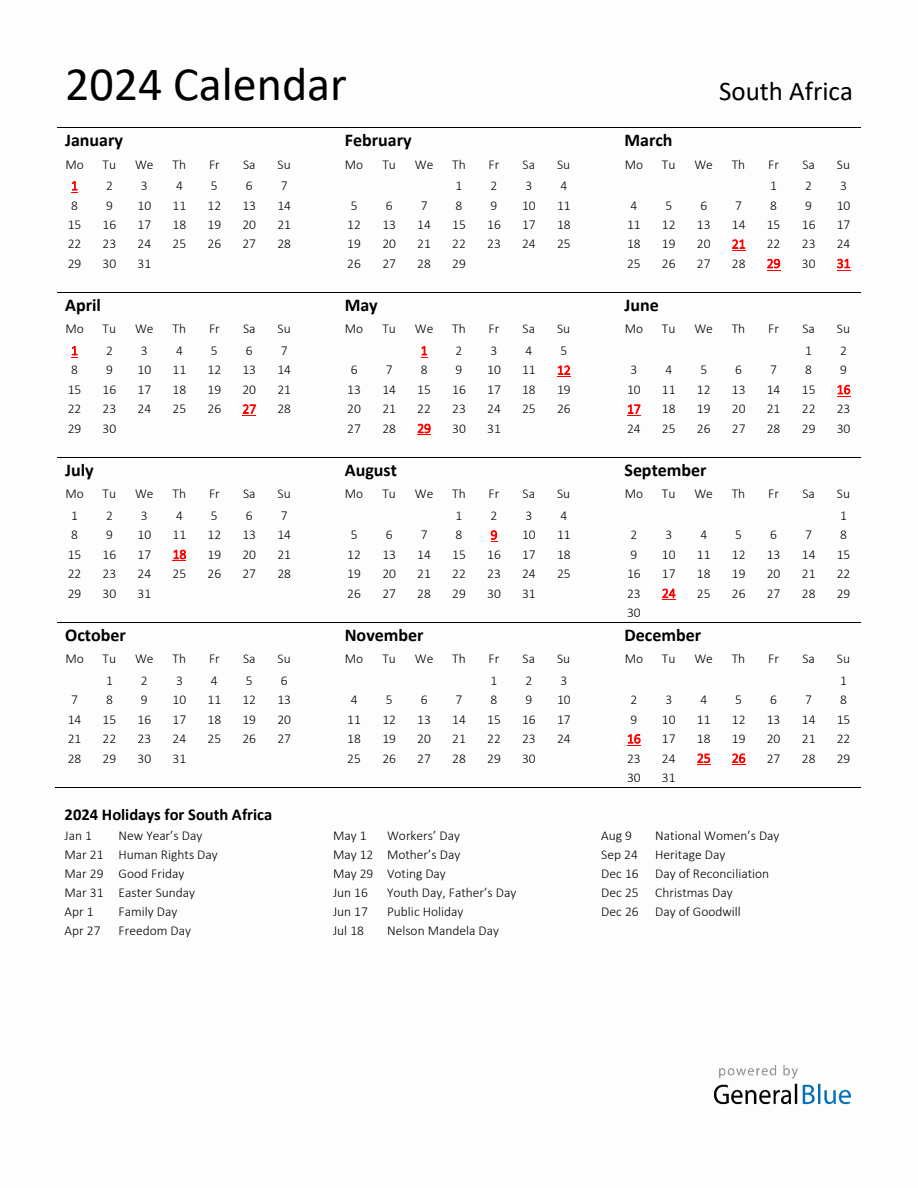 Standard Holiday Calendar for 2024 with South Africa Holidays