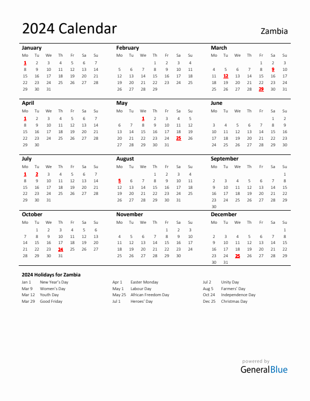 Standard Holiday Calendar for 2024 with Zambia Holidays 