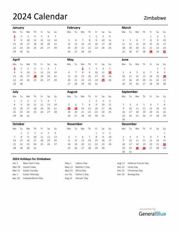 Standard Holiday Calendar for 2024 with Zimbabwe Holidays 