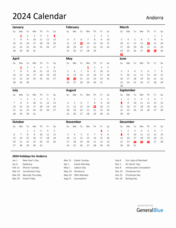 Standard Holiday Calendar for 2024 with Andorra Holidays 