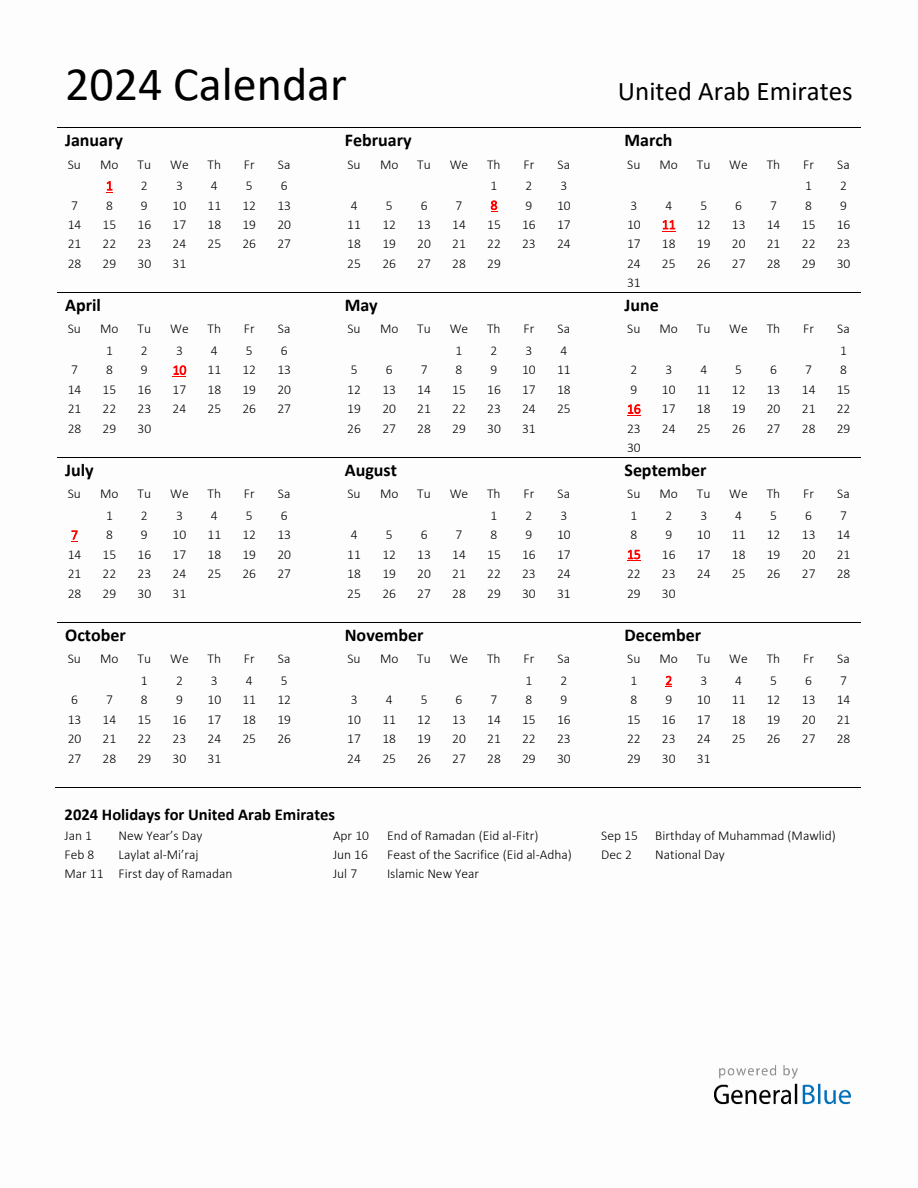 Standard Holiday Calendar for 2024 with United Arab Emirates Holidays