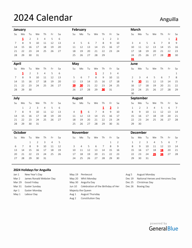 Standard Holiday Calendar for 2024 with Anguilla Holidays 