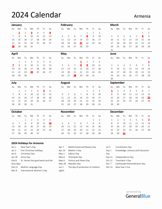 Standard Holiday Calendar for 2024 with Armenia Holidays 
