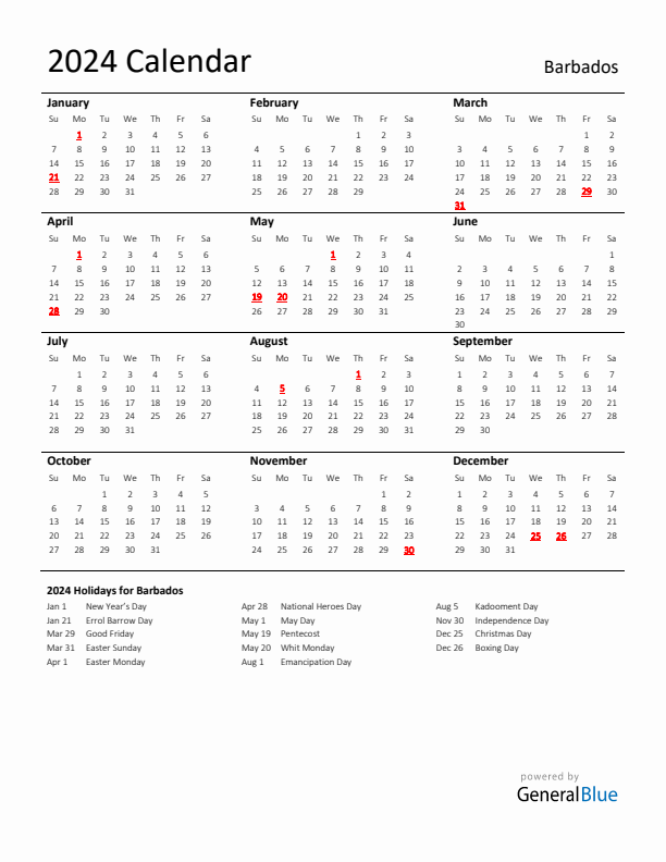 Standard Holiday Calendar for 2024 with Barbados Holidays 