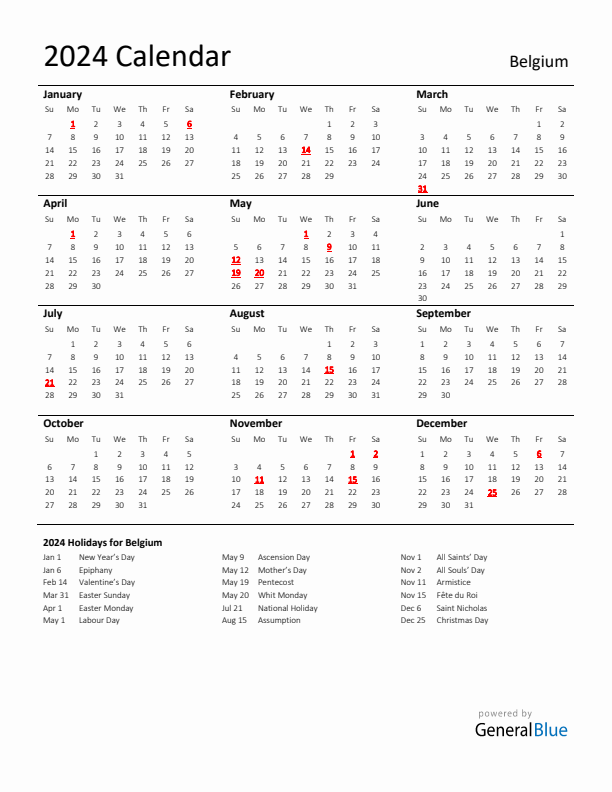 Standard Holiday Calendar for 2024 with Belgium Holidays 