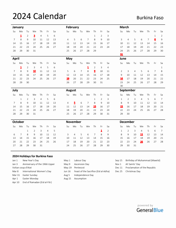 Standard Holiday Calendar for 2024 with Burkina Faso Holidays 