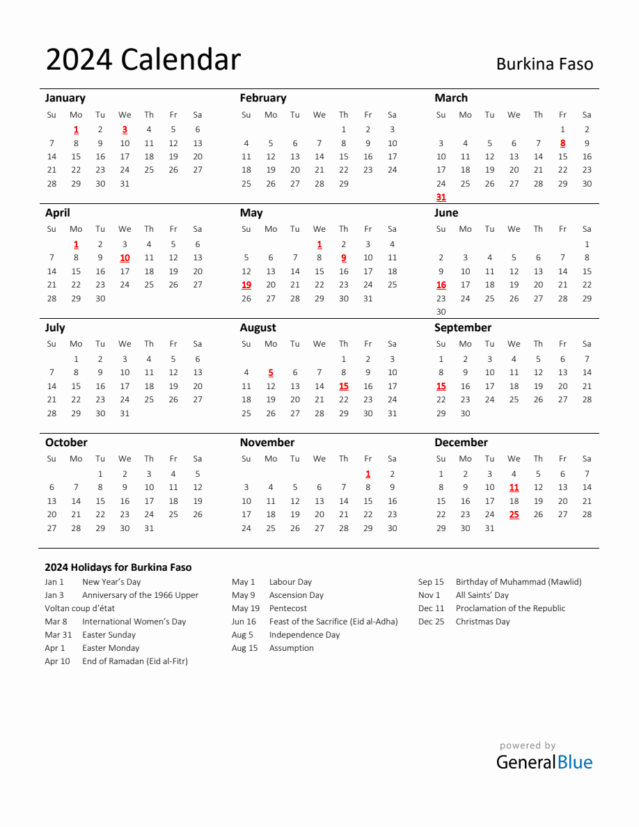 Standard Holiday Calendar for 2024 with Burkina Faso Holidays