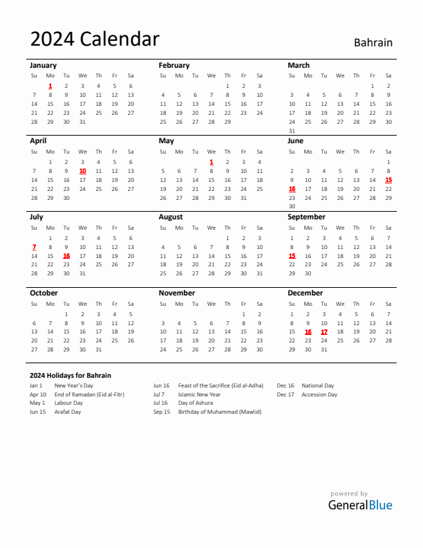 Standard Holiday Calendar for 2024 with Bahrain Holidays 