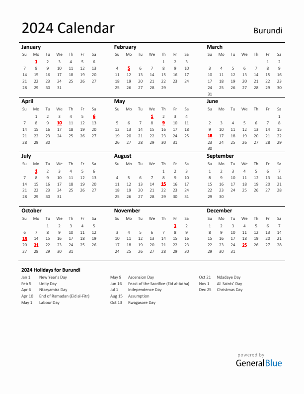 Standard Holiday Calendar for 2024 with Burundi Holidays 