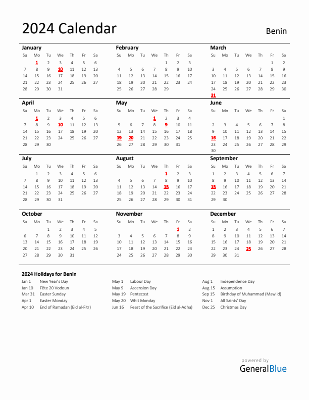 Standard Holiday Calendar for 2024 with Benin Holidays 