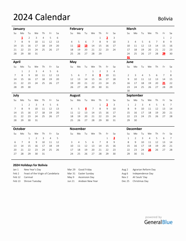 Standard Holiday Calendar for 2024 with Bolivia Holidays 