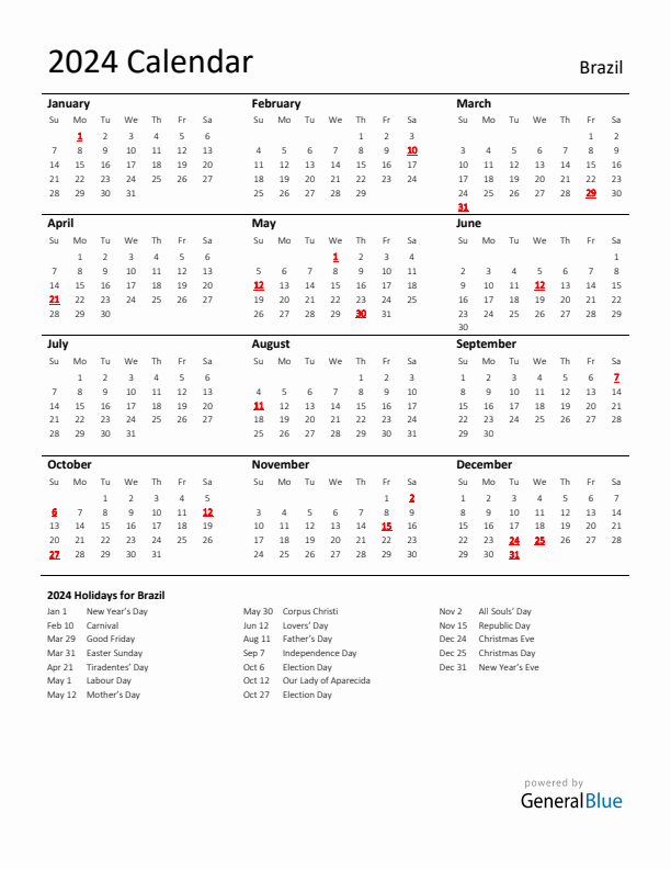 Standard Holiday Calendar for 2024 with Brazil Holidays 