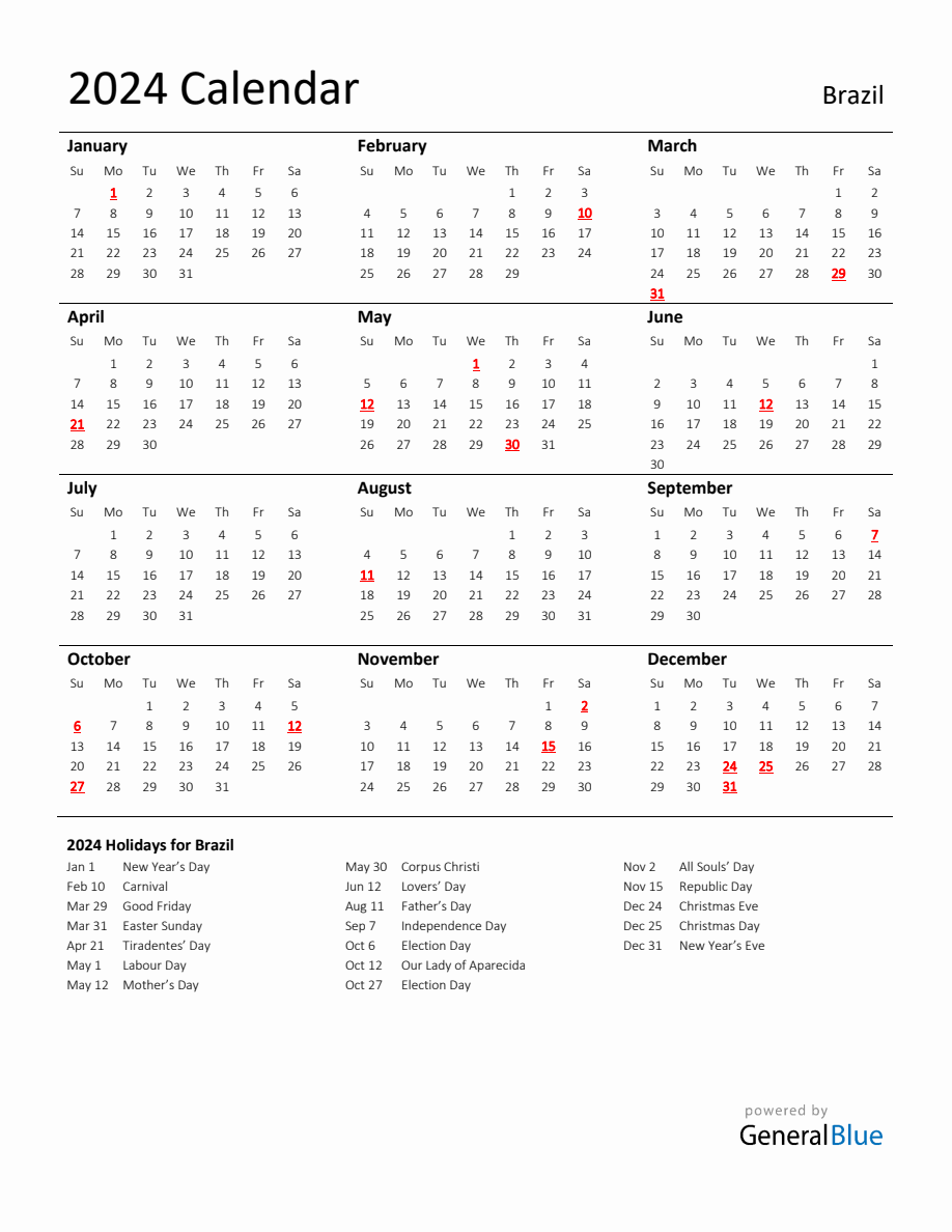 Standard Holiday Calendar for 2024 with Brazil Holidays