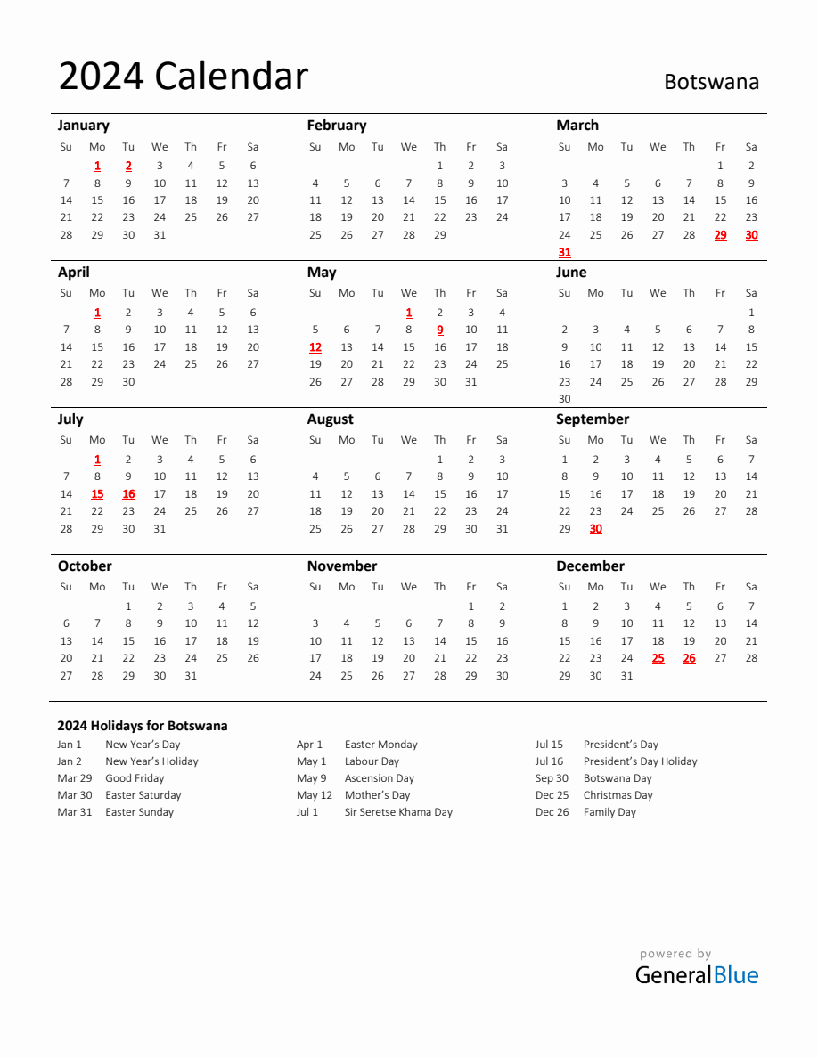 Standard Holiday Calendar For 2024 With Botswana Holidays   2024 Calendar Standard With Holidays Portrait Sunday Start En Bw 918x1188 