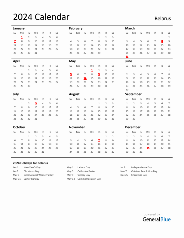 Standard Holiday Calendar for 2024 with Belarus Holidays 