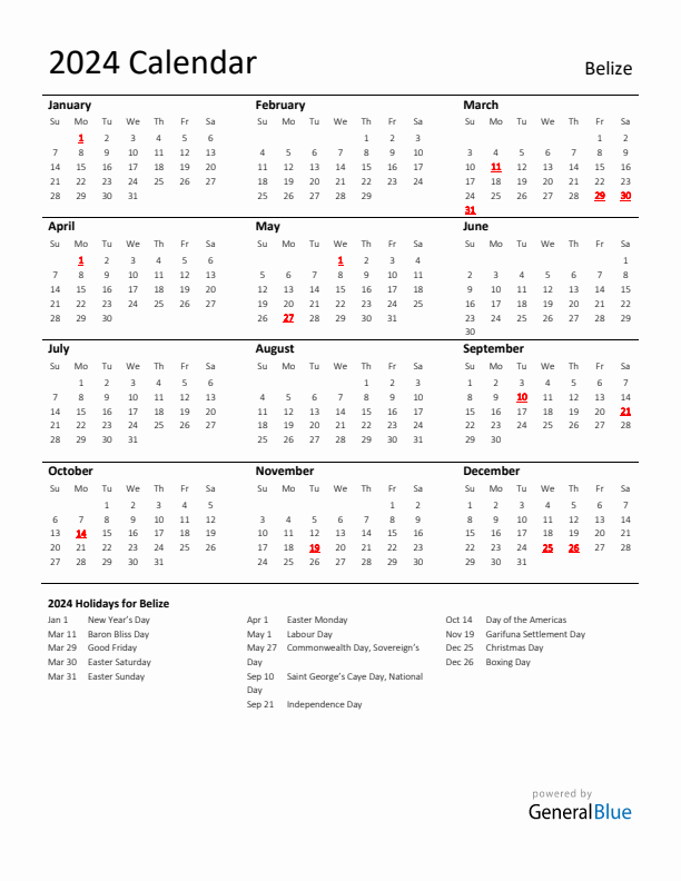 Standard Holiday Calendar for 2024 with Belize Holidays 