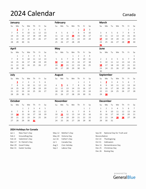 Standard Holiday Calendar for 2024 with Canada Holidays 