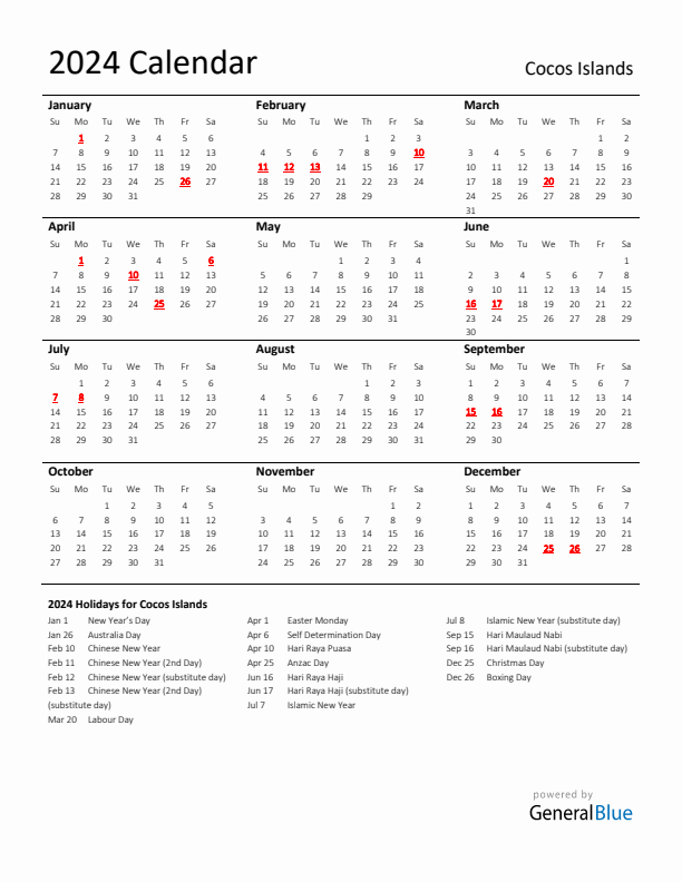 Standard Holiday Calendar for 2024 with Cocos Islands Holidays 