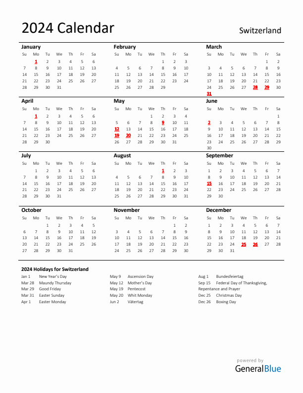 Standard Holiday Calendar for 2024 with Switzerland Holidays 