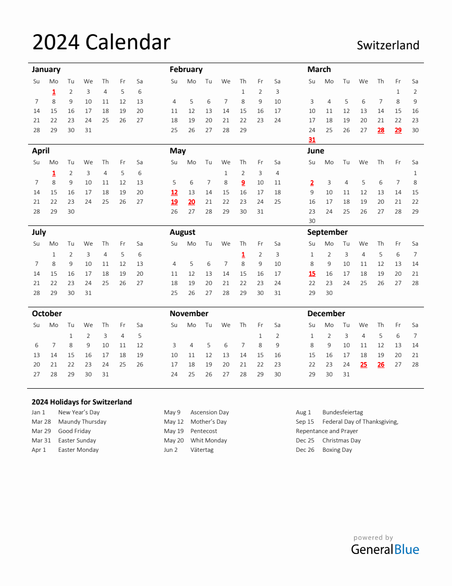 Standard Holiday Calendar for 2024 with Switzerland Holidays